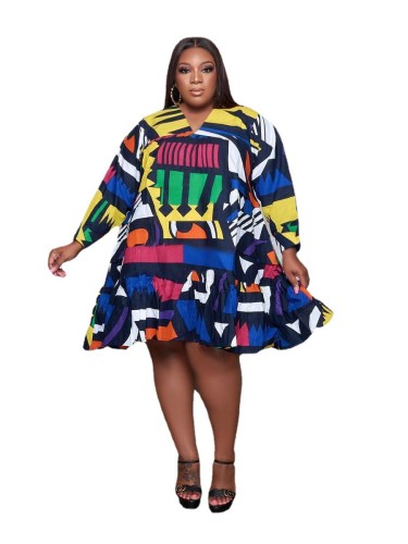 Plus Size Print V-Neck Loose Dress