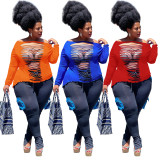 Plus Size Ripped Blue Fashion Tops