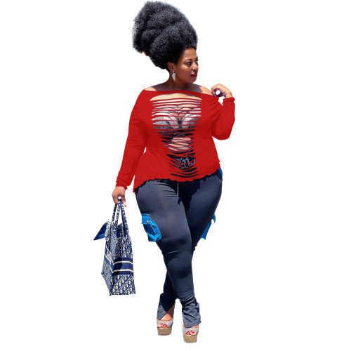 Plus Size Ripped Red Fashion Tops