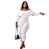 Plus Size Blue Ribbed Ruffle Off Shoulder Sexy Jumpsuit