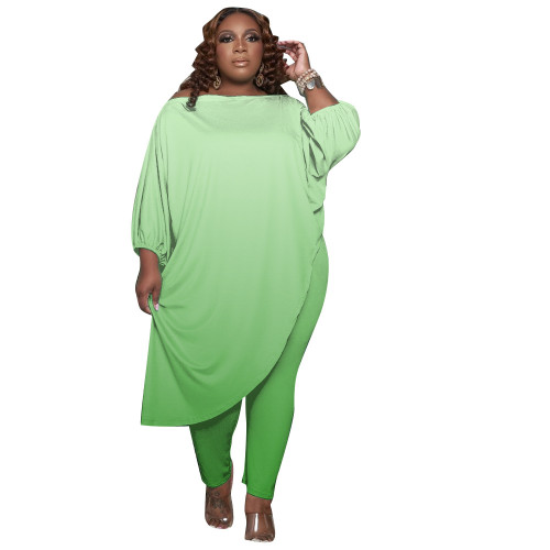 Gradient Green Plus Size Irregular Two Piece Pants Set