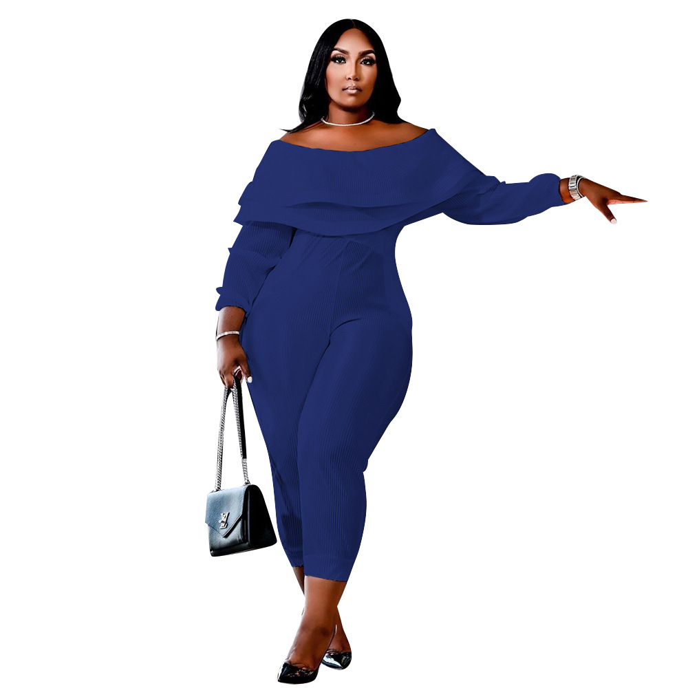 Plus Size Blue Ribbed Ruffle Off Shoulder Sexy Jumpsuit US$ 12.72 - www ...
