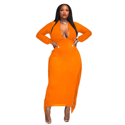 Plus Size Scoop Neck Orange Tassel Bodycon Maxi Dress