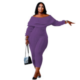 Plus Size Black Ribbed Ruffle Off Shoulder Sexy Jumpsuit