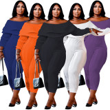 Plus Size Purple Ribbed Ruffle Off Shoulder Sexy Jumpsuit