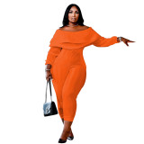 Plus Size Purple Ribbed Ruffle Off Shoulder Sexy Jumpsuit