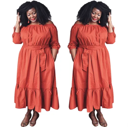 Orange Off Shoulder Maxi Dress with Belt