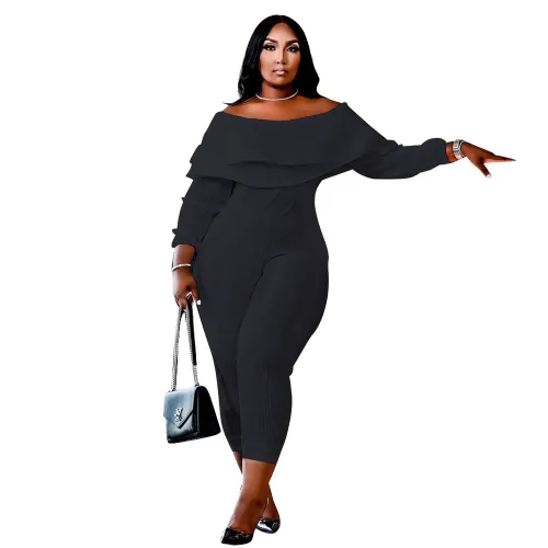 Plus Size Black Ribbed Ruffle Off Shoulder Sexy Jumpsuit