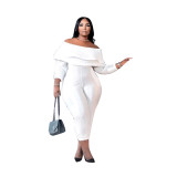 Plus Size Black Ribbed Ruffle Off Shoulder Sexy Jumpsuit