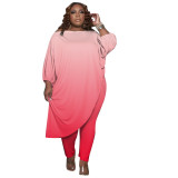 Gradient Pink Plus Size Irregular Two Piece Pants Set
