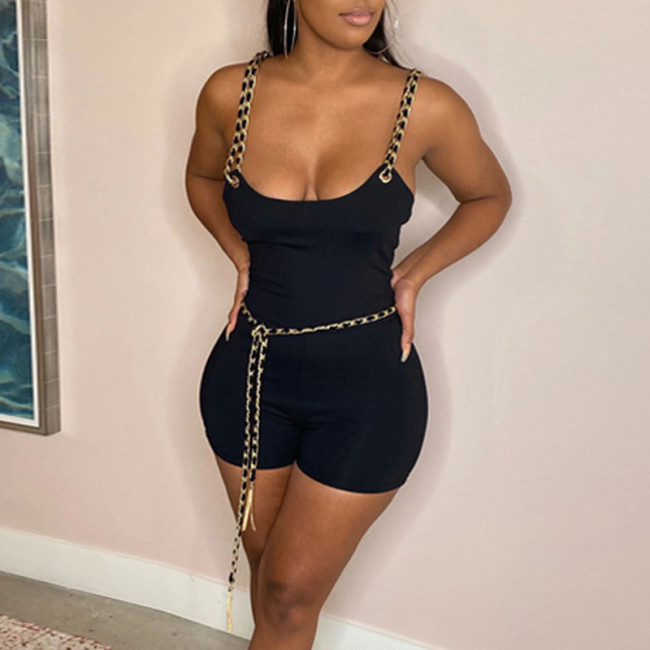 Sexy Black Chain Straps Bodycon Rompers with Belt