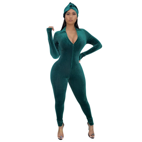 Velvet Solid Green Zip Up Bodycon Jumpsuit