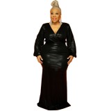Plus Size Metallic Red V Neck Long Sleeve Party Maxi Dress