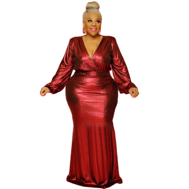 Plus Size Metallic Red V Neck Long Sleeve Party Maxi Dress