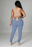 Lace Up Hollow Out  Ripped Light Blue Jeans