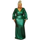 Plus Size Metallic Green V Neck Long Sleeve Party Maxi Dress