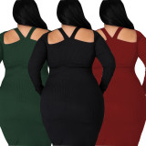 Plus Size Black Long Sleeve Ribbed Cut Out Bodycon Midi Dress