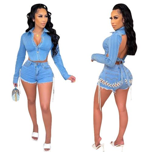 Open Back Blue Denim Top and Lace Up Hollow Out Shorts Two Piece Set