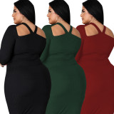 Plus Size Black Long Sleeve Ribbed Cut Out Bodycon Midi Dress