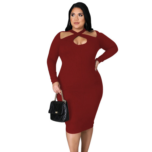 Plus Size Burgundy Long Sleeve Ribbed Cut Out Bodycon Midi Dress
