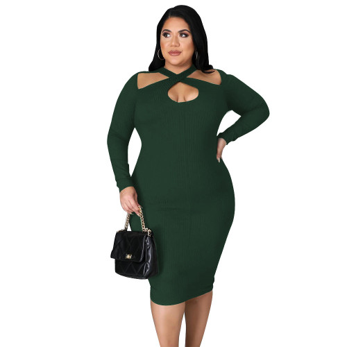 Plus Size Green Long Sleeve Ribbed Cut Out Bodycon Midi Dress