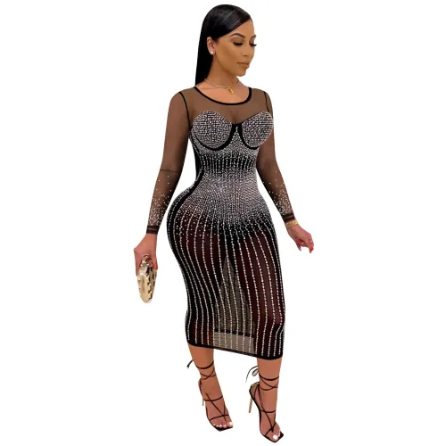 Plus Size Rhinestone Long Sleeve Black Mesh Splicing Club Dress