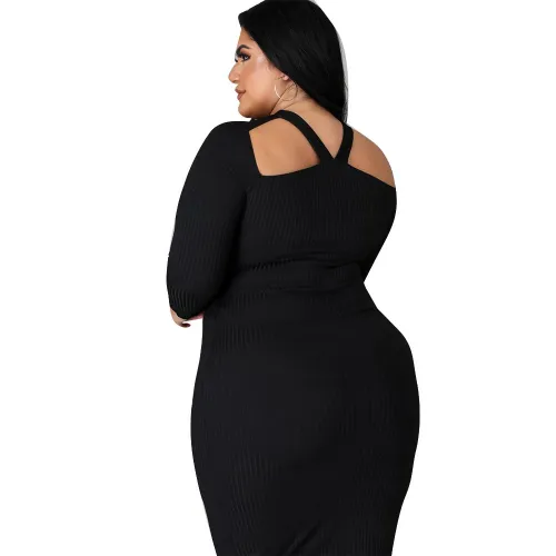Plus Size Black Long Sleeve Ribbed Cut Out Bodycon Midi Dress