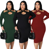 Plus Size Green Long Sleeve Ribbed Cut Out Bodycon Midi Dress