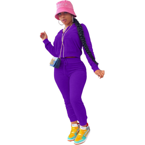 Velvet Purple Zipper Hooded Tracksuit