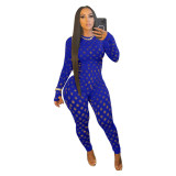 Hollow Out Blue Long Sleeve Bodycon Jumpsuit