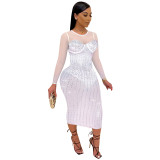 Plus Size Rhinestone Long Sleeve White Mesh Splicing Club Dress