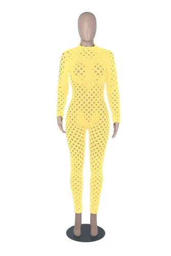 Hollow Out Yellow Long Sleeve Bodycon Jumpsuit