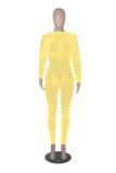 Hollow Out Yellow Long Sleeve Bodycon Jumpsuit
