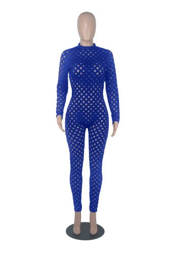 Hollow Out Blue Long Sleeve Bodycon Jumpsuit