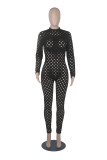 Hollow Out Coffee Long Sleeve Bodycon Jumpsuit