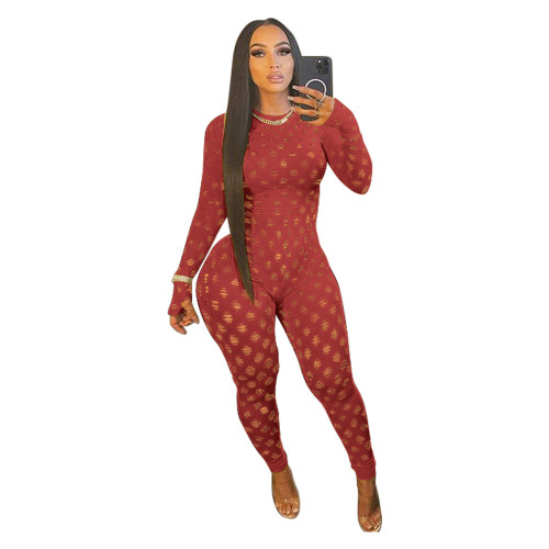 Hollow Out Red Long Sleeve Bodycon Jumpsuit
