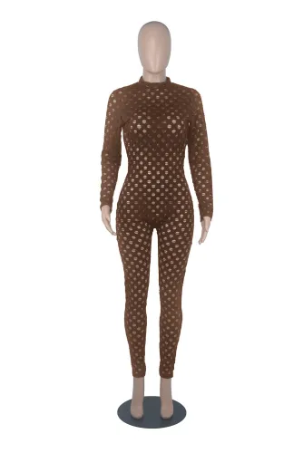 Hollow Out Coffee Long Sleeve Bodycon Jumpsuit