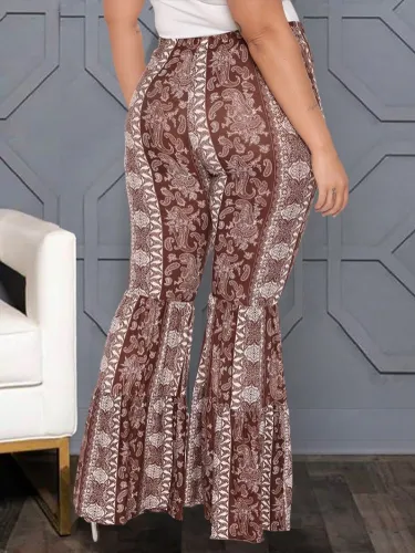 Plus Size Retro Boho Printed High Waist Bell Bottom Pants