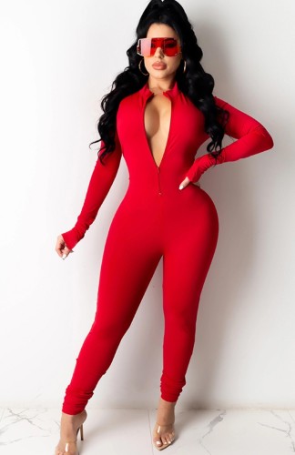 Red Long Sleeve Zipper Up Bodycon Jumpsuit