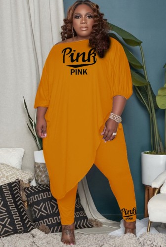 Plus Size Orange Half Sleeve Loose Irregular Shirt and Matching Fitted Pants Two Piece Set