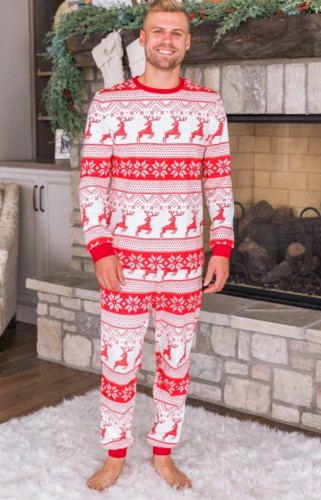 Christmas Print Long Sleeves O-Neck Pajama for Daddy Two Piece Set