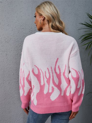 Pink and White Flames Long Sleeve O-Neck Drop Shoulder Sweater