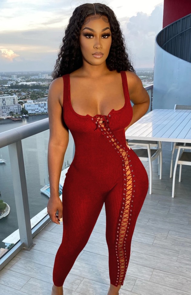 Red Ribbed Lace Up Sleeveless Slinky Vest Jumpsuit