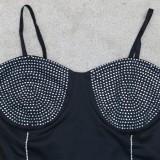 Plus Size Black Beaded Cami Top and See Through Mesh Pants Two Piece Set