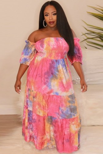 Plus Size Tie Dye Off Shoulder Maxi Dress