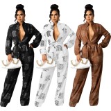 Letter Printed White Button Up Stand Collar Long Sleeve Jumpsuit with Belt