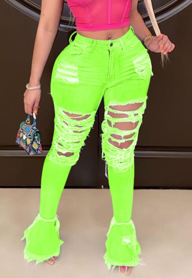 Neon Green Ripped Distressed Flare Jeans