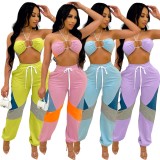 Pink Color Block Strapless Halter Bra and Drawstring Pants Two Piece Set