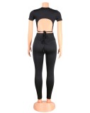Black Short Sleeve O-Neck Tight Crop Top and Pant Two Piece Set