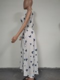 Butterfly White Sleeveless V-Neck Slit Maxi Dress